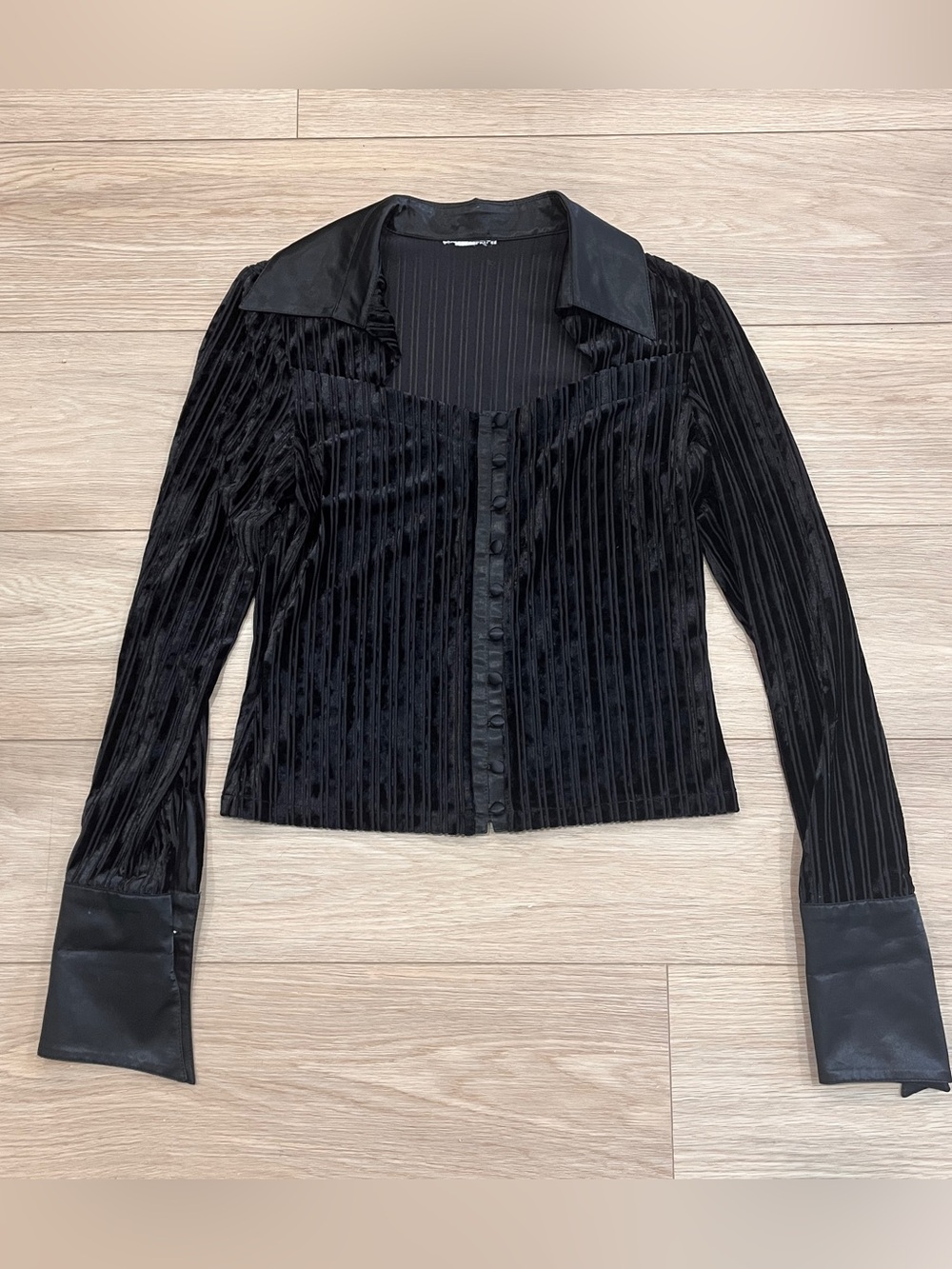 Y2K Black Velvet Stripe Button Front Corset Top Satin Cuffs Women S Whimsygoth - Picture 2 of 5